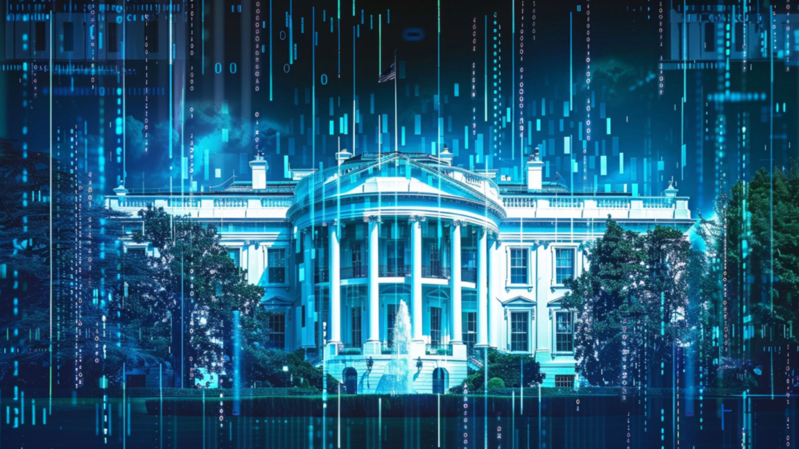 A digital illustration of the White House surrounded by binary code and digital data streams, symbolizing technology or cybersecurity themes.