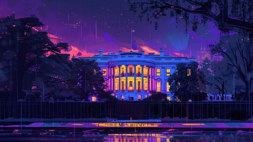 A digital illustration of the White House at night, illuminated with vibrant pink and purple hues, surrounded by trees and a dark sky.