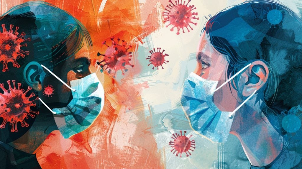 Illustration of two people facing each other wearing masks, with stylized virus particles in the background.