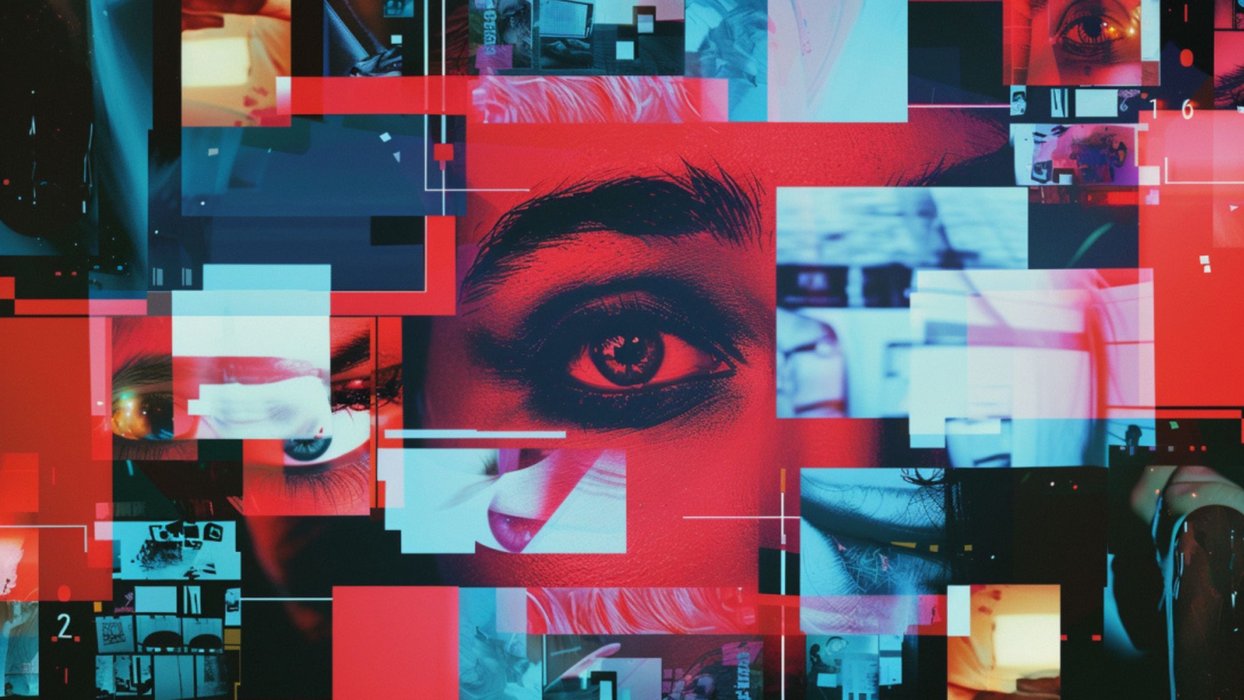 Abstract digital collage featuring fragmented images of eyes and lips with a red and blue glitch effect.