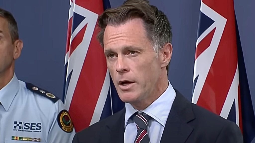 Chris Minns in a suit speaking in front of flags and a person in a uniform with an "SES" badge.