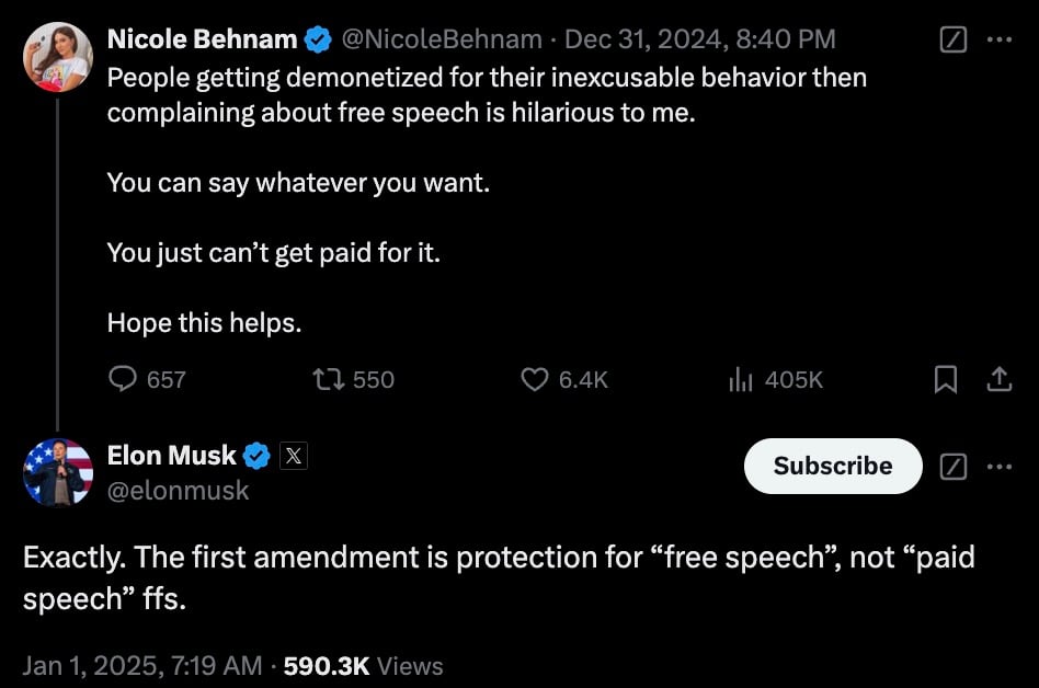 Tweet conversation between Nicole Behnam and Elon Musk discussing free speech and demonetization, highlighting that free speech is not synonymous with paid speech.