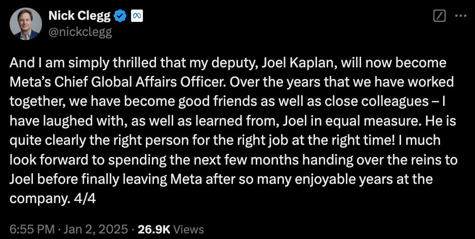 Nick Clegg's tweet announcing Joel Kaplan as Meta’s Chief Global Affairs Officer, expressing excitement and friendship, mentions his departure from Meta.