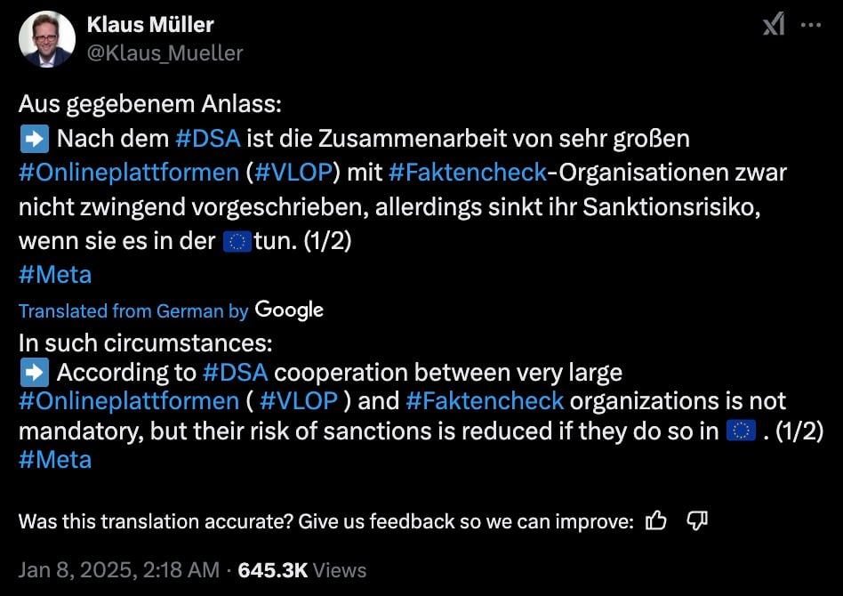 Tweet by Klaus Müller discussing the DSA and cooperation between large online platforms and fact-check organizations, mentioning reduced risk of sanctions in the EU.