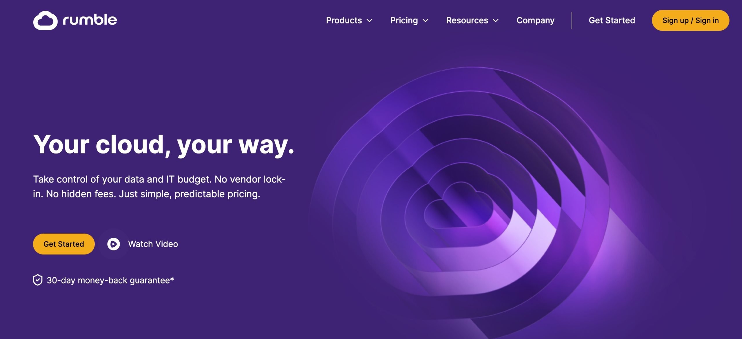 Purple-themed website design with a cloud logo, navigation menu, and text promoting flexible cloud services.