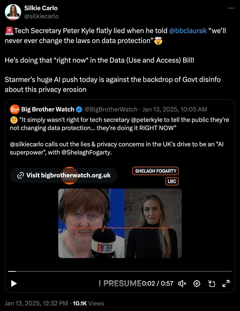 Tweet by Silkie Carlo criticizing Tech Secretary Peter Kyle for allegedly lying about data protection law changes, with a retweet from Big Brother Watch featuring an audio discussion hosted by Shelagh Fogarty on LBC.