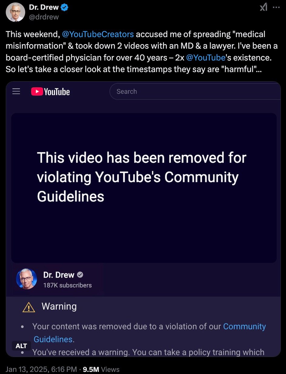 A tweet from Dr. Drew mentioning YouTube accused him of spreading medical misinformation and took down videos. The image shows a message from YouTube about video removal for violating community guidelines.