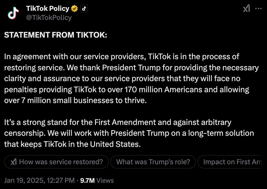 "Statement from TikTok" image, thanking President Trump for facilitating service restoration to over 170 million Americans and supporting 7 million small businesses. Emphasizes First Amendment support and collaboration with Trump for a long-term U.S. presence.