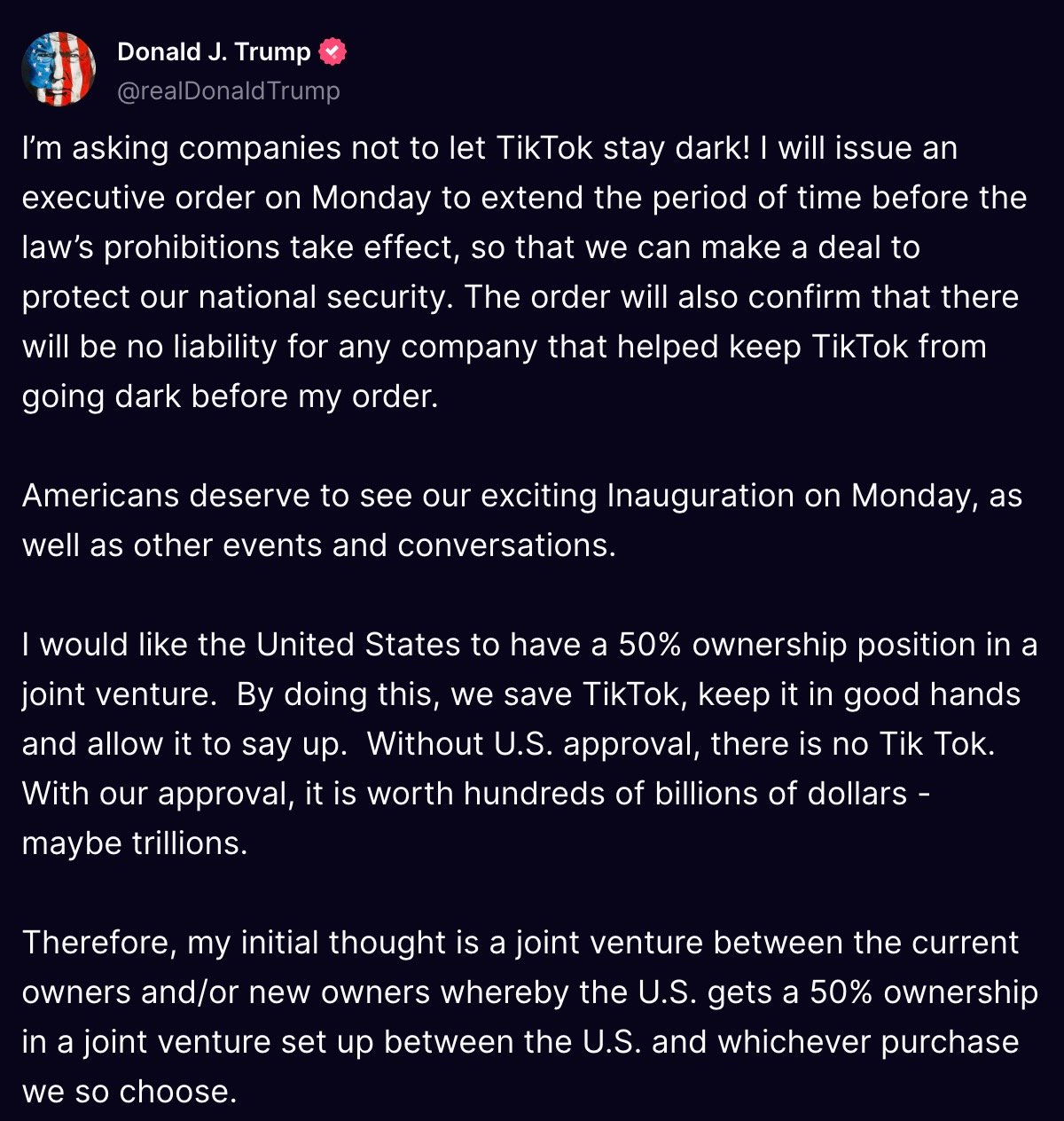 Tweet from Donald J. Trump discussing issuing an executive order related to TikTok, proposing a 50% U.S. ownership in a joint venture to protect national security and ensure access to events.