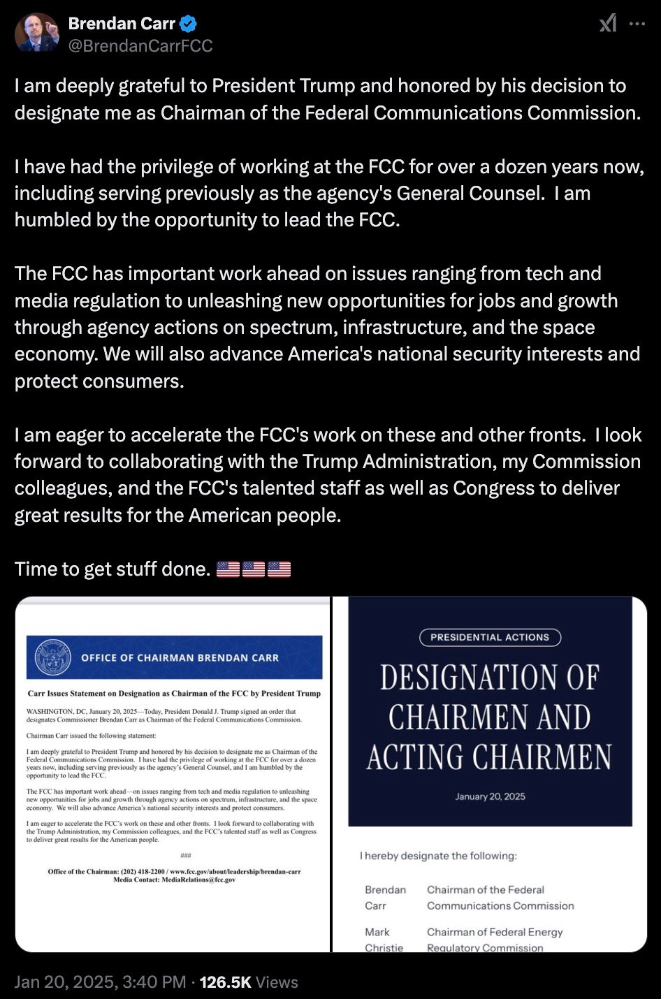 Brendan Carr's tweet announcing his designation as Chairman of the FCC, expressing gratitude to President Trump, with images showing official statements of the designation.