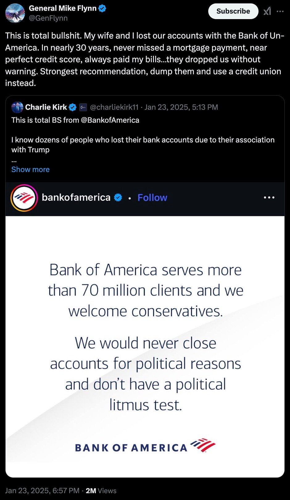 Tweet by General Mike Flynn expressing frustration over losing accounts with Bank of America, despite having a perfect credit score and payment history. Retweets a post by Charlie Kirk alleging political reasons for account closures. Includes a Bank of America statement claiming to welcome conservatives and denying political account closures.