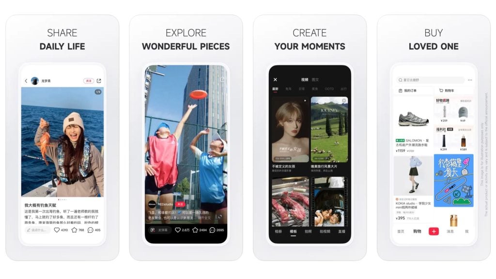 Four smartphone screen mockups titled "SHARE DAILY LIFE," "EXPLORE WONDERFUL PIECES," "CREATE YOUR MOMENTS," and "BUY LOVED ONE"; featuring a fishing photo, frisbee game, content creation interface, and shopping page.