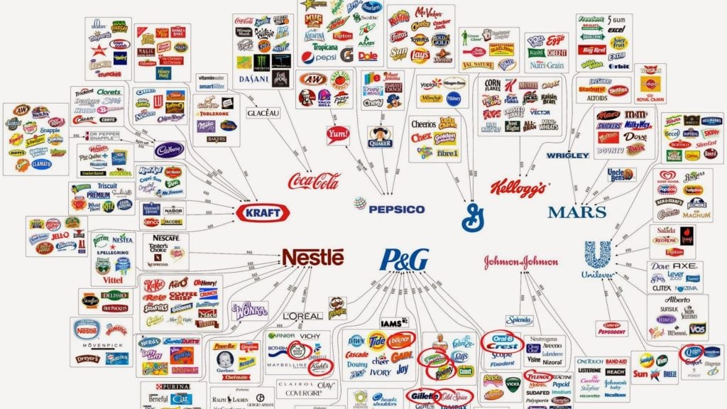 Corporate brand map showing major companies like Kraft, Nestlé, PepsiCo, Coca-Cola, Unilever, and others with their associated sub-brands and products.