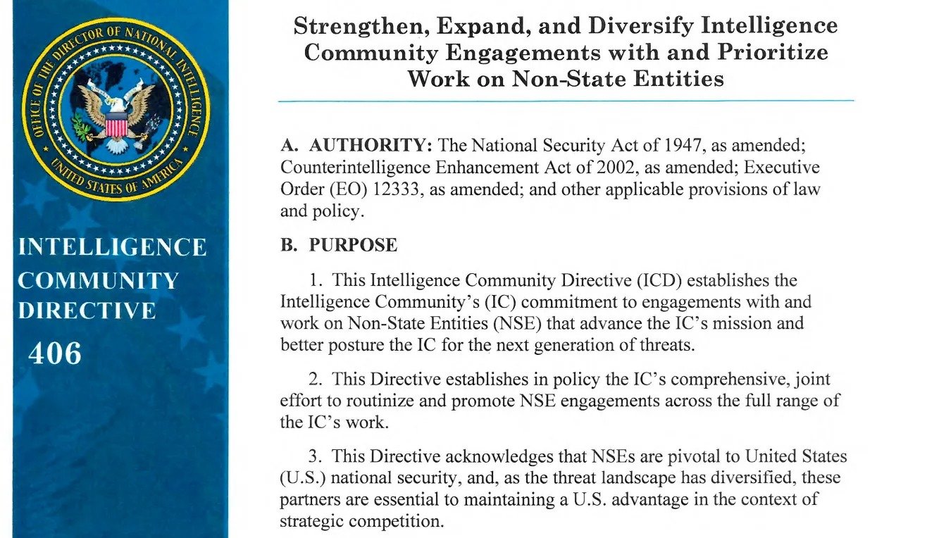 "Intelligence Community Directive 406 cover page, discussing authority and purpose for engaging with non-state entities."