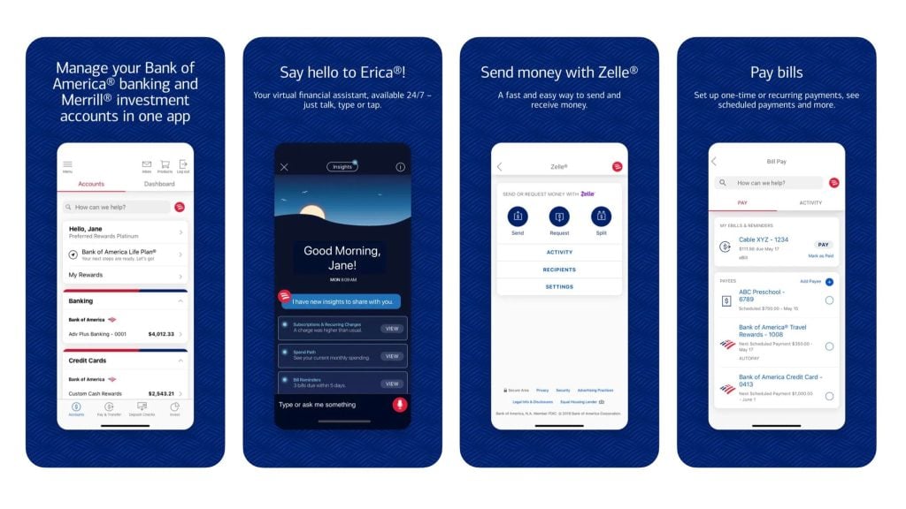 Screenshots of Bank of America's mobile app features, showcasing account management, virtual assistant Erica, sending money with Zelle, and bill payment options.