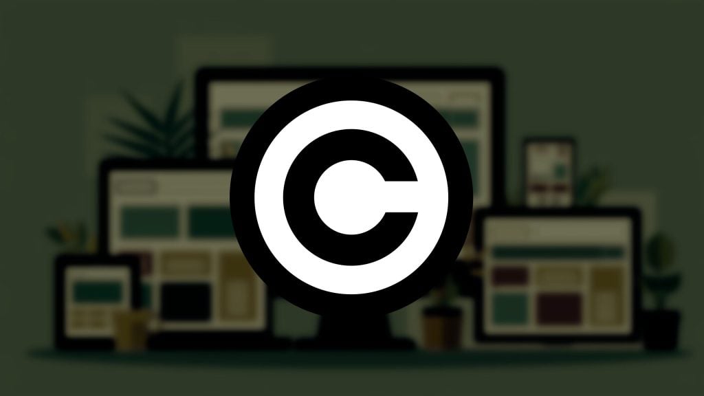 Copyright symbol overlaying a blurred image of various digital screens.