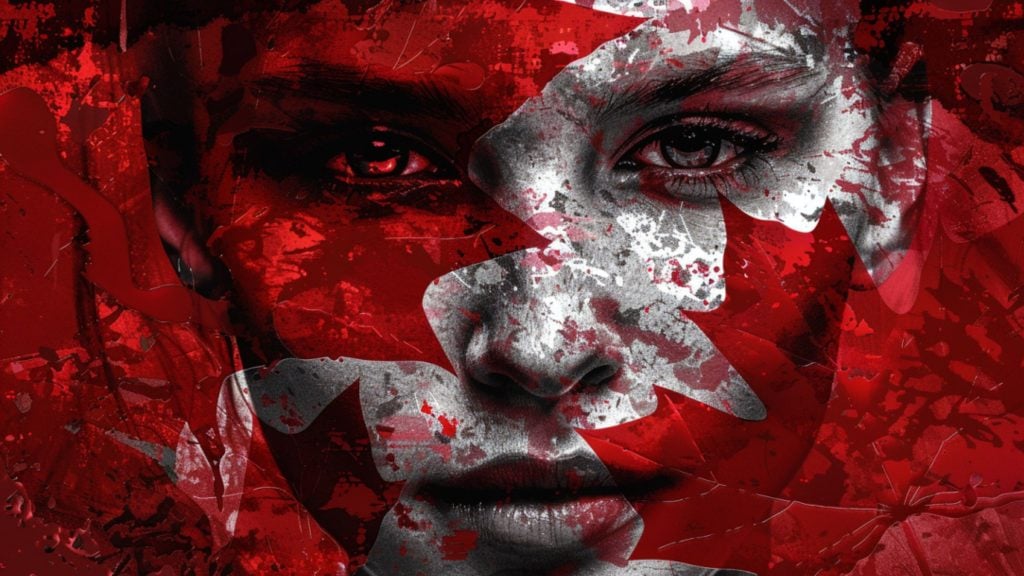 Close-up of a woman's face with a red and white artistic overlay, featuring abstract paint splatters and a maple leaf design in red.