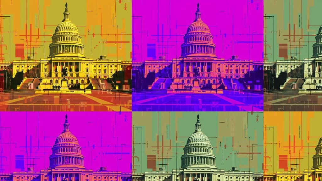 Pop art style image of the United States Capitol building repeated in various vibrant color schemes.