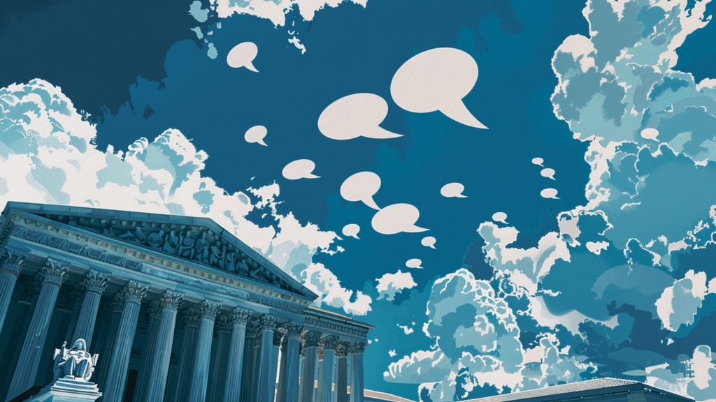 Illustration of a classical building with columns below a sky filled with speech bubble-shaped clouds.