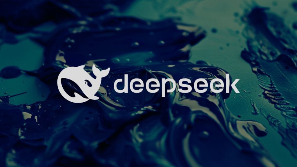 Logo with a whale symbol and the text "deepseek" over a textured, dark background.