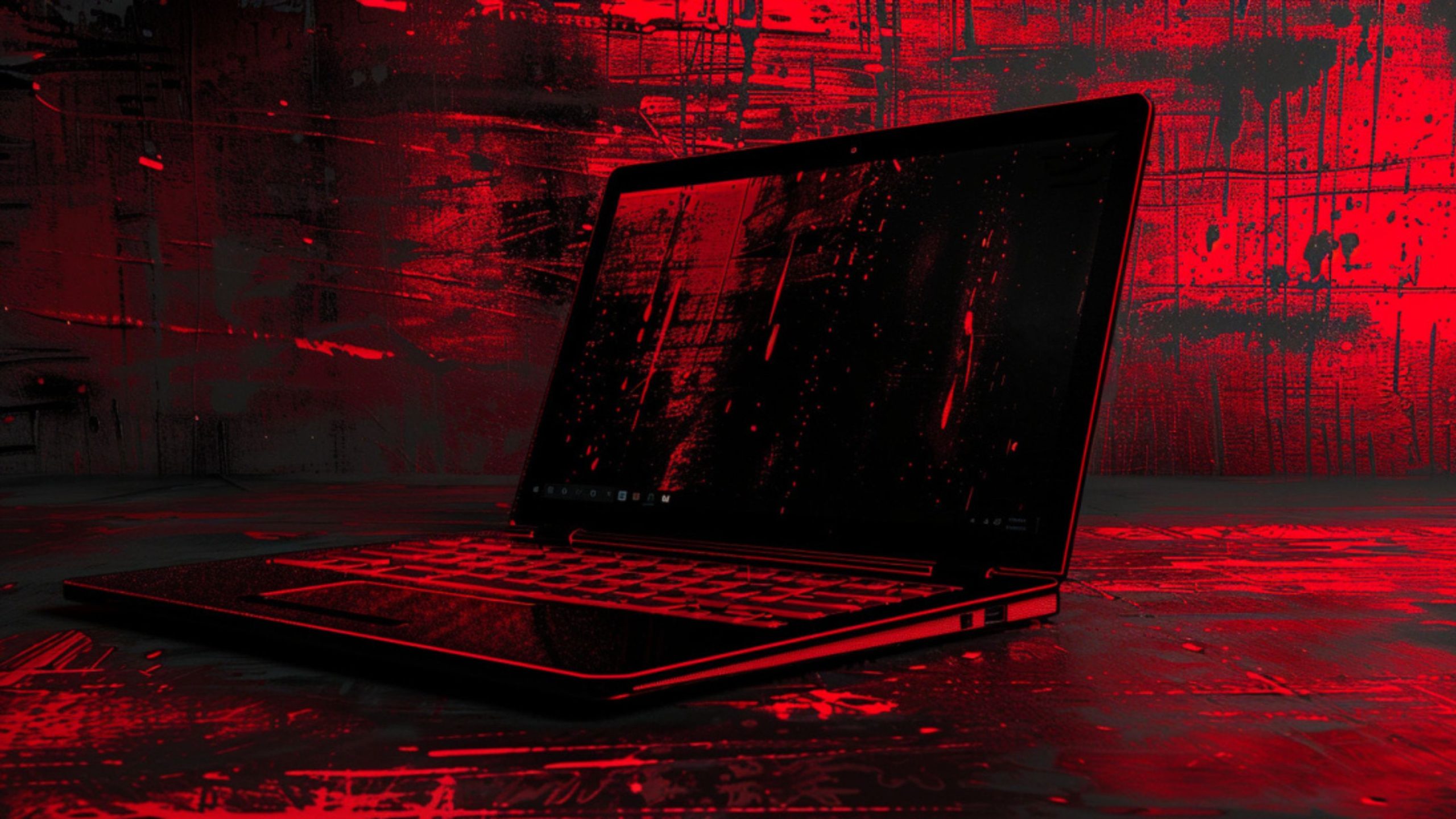 Laptop with a glowing red screen and background.