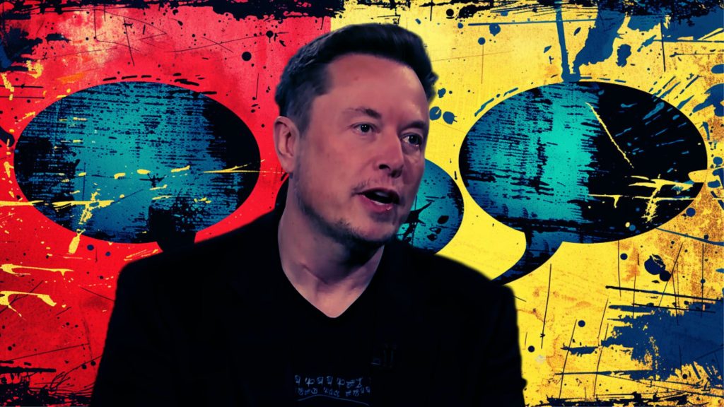 Elon Musk in front of a colorful, abstract speech bubble background.