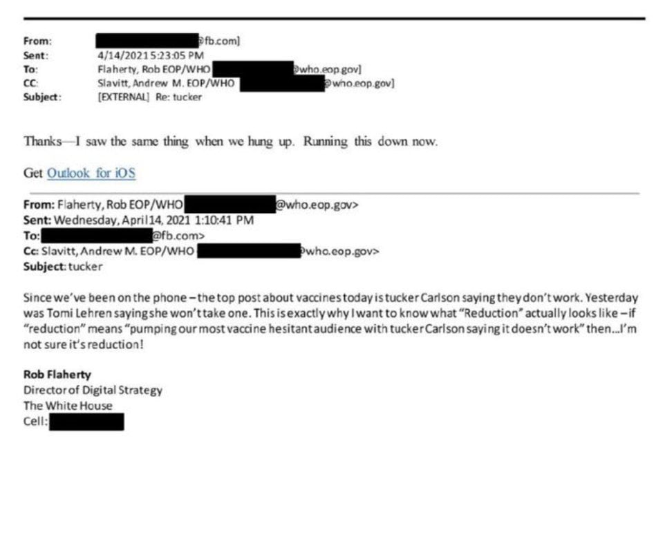 Screenshot of an email exchange discussing concerns about Tucker Carlson's statements on vaccines, with mentions of other individuals and email addresses partially redacted.