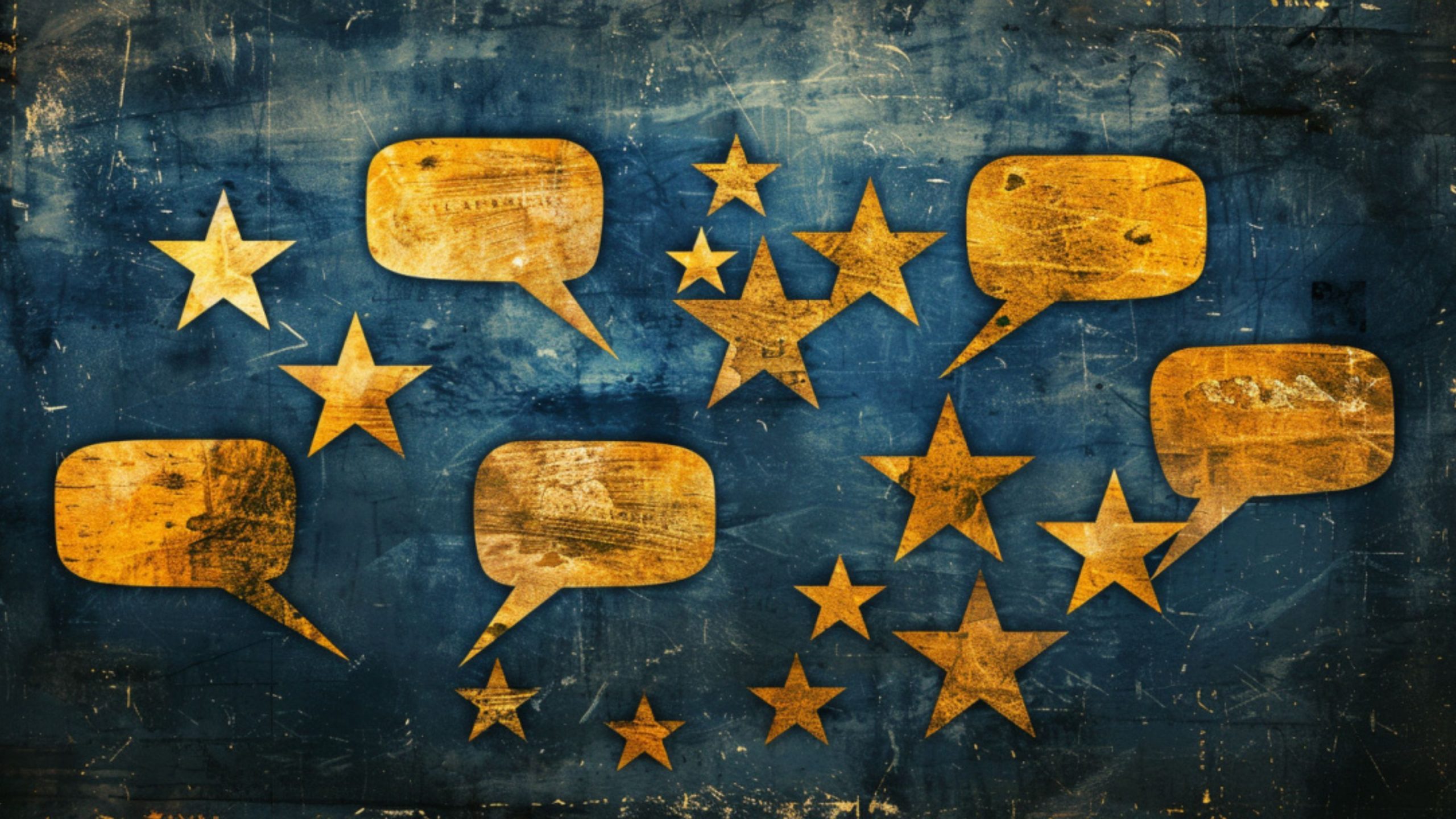 Golden speech bubbles and stars on a textured blue background.