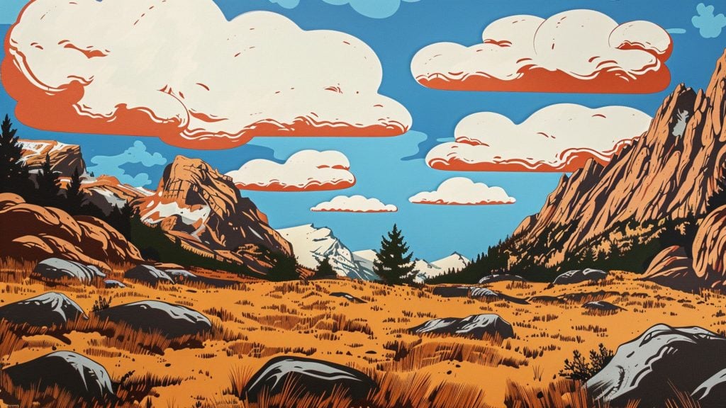 Illustrated landscape of a mountainous valley with orange-tinted clouds, rocky terrain, and sparse trees.