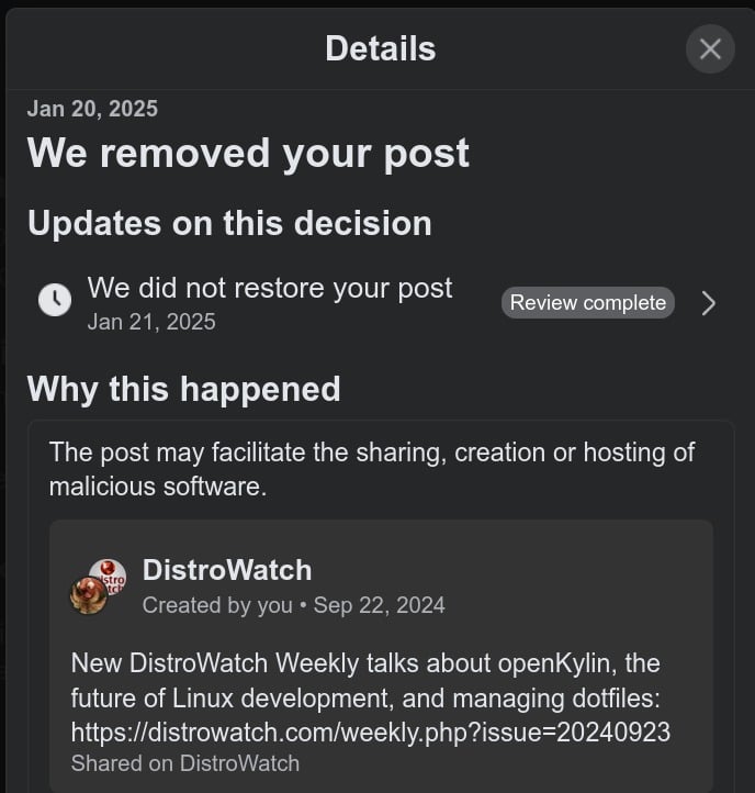 "Details" window showing a post removal notification. The message states the post was not restored because it may facilitate sharing malicious software. The removed post mentions DistroWatch Weekly discussing openKylin and Linux development.