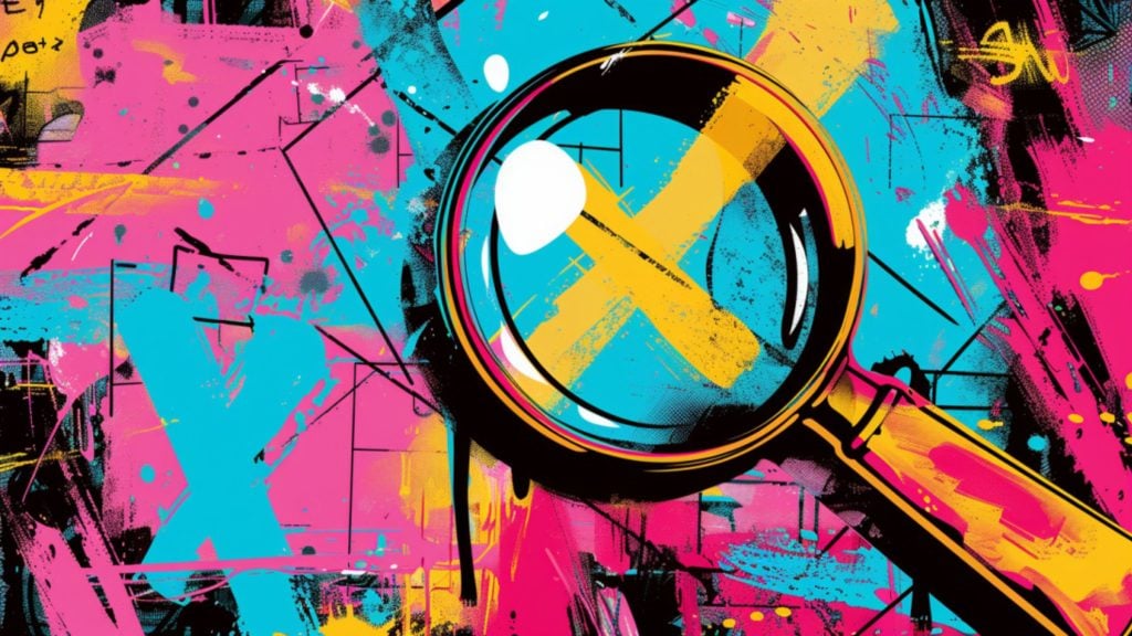 A colorful graffiti-style artwork featuring a large magnifying glass over a chaotic mixture of pink, blue, and yellow paint splatters and abstract shapes.