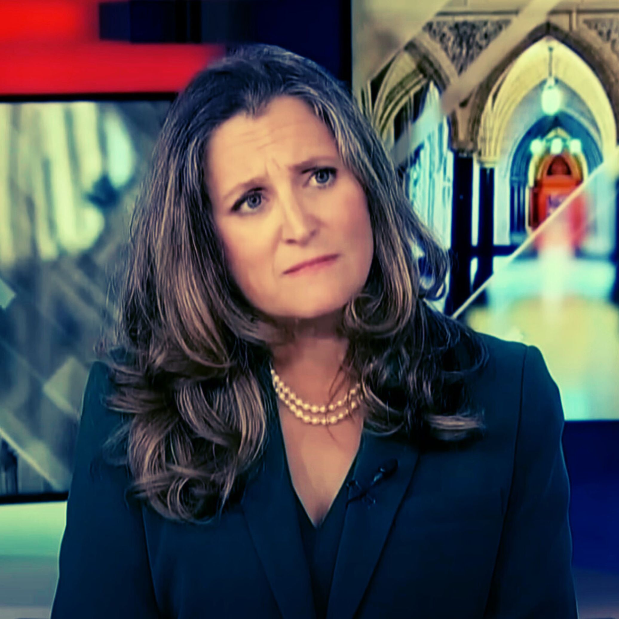 Freeland with long brown hair wearing a dark blazer and pearl necklace appears in a studio setting, with blurred architectural imagery in the background.