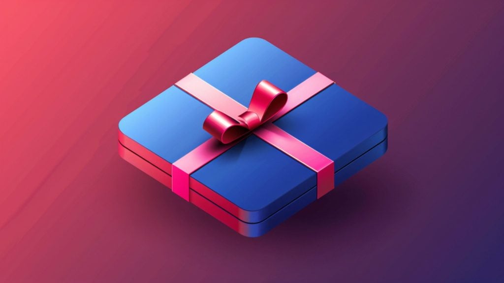 A square, blue gift box with rounded edges, wrapped with a pink ribbon and bow, set against a gradient background.