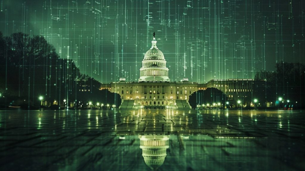 The US Capitol building at night with digital matrix-like green lines overlayed.