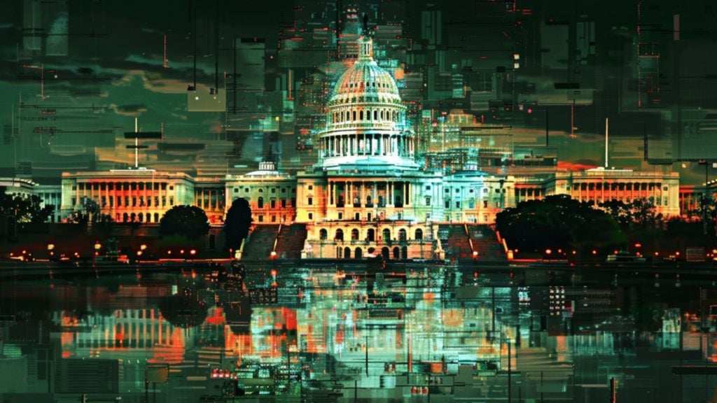 Digital art of the US Capitol building with a glitch effect and its reflection in water.