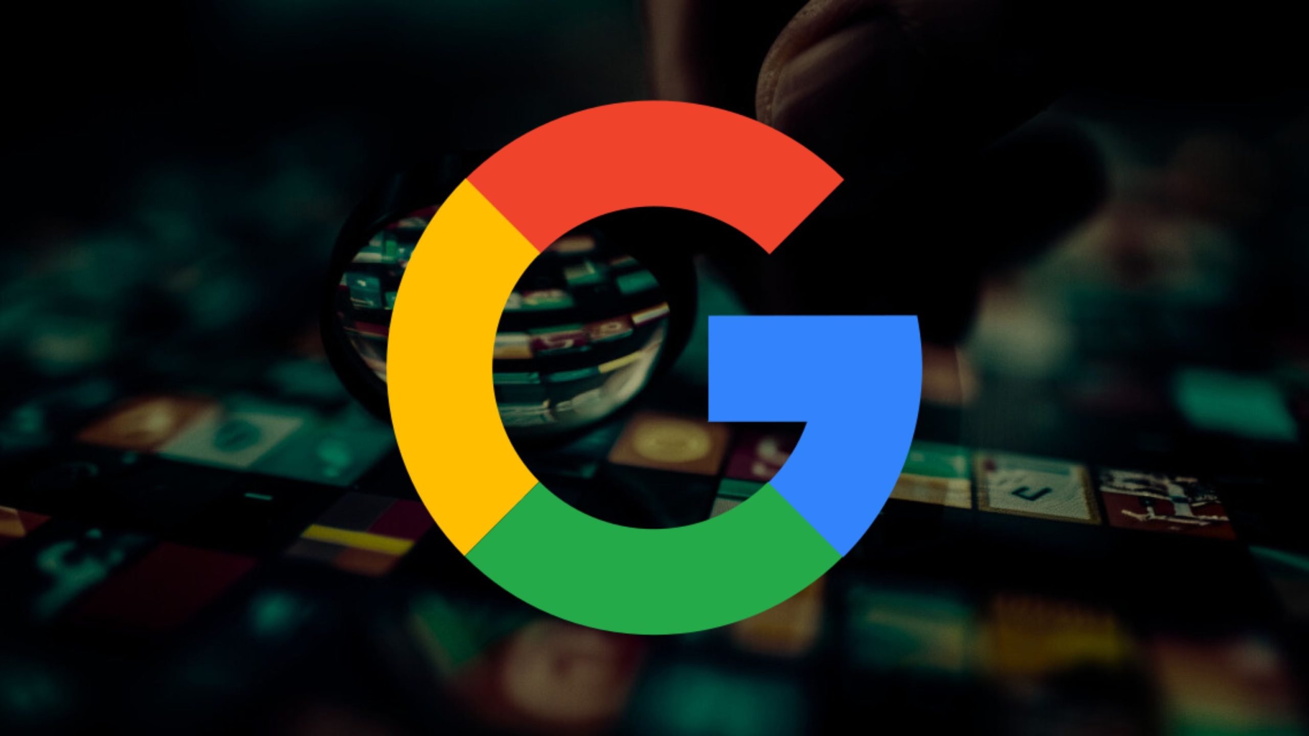 Google logo overlaying a blurred digital screen background.