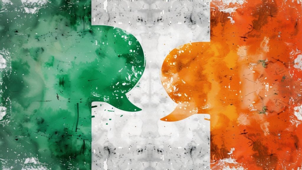 Two speech bubbles in Irish flag colors, green on the left and orange on the right, against a textured background.