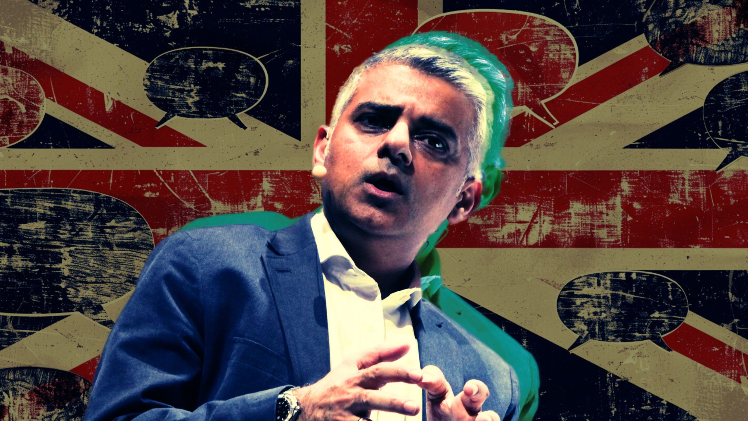 Khan speaking in front of a stylized British flag with speech bubbles.