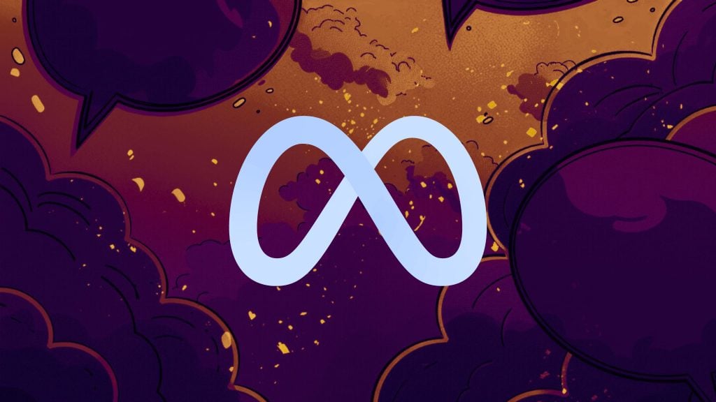 Meta symbol with a colorful comic-style background of purples and oranges.