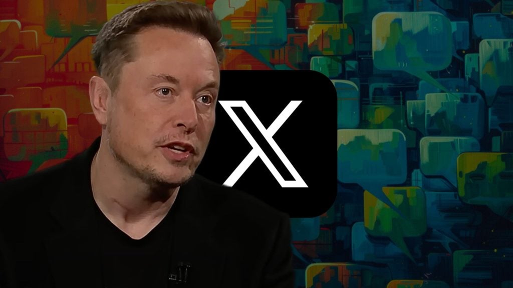 Elon Musk speaking with a large "X" logo in the background.