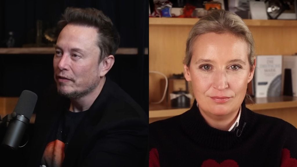 Musk and Weidel in a split-screen setup.