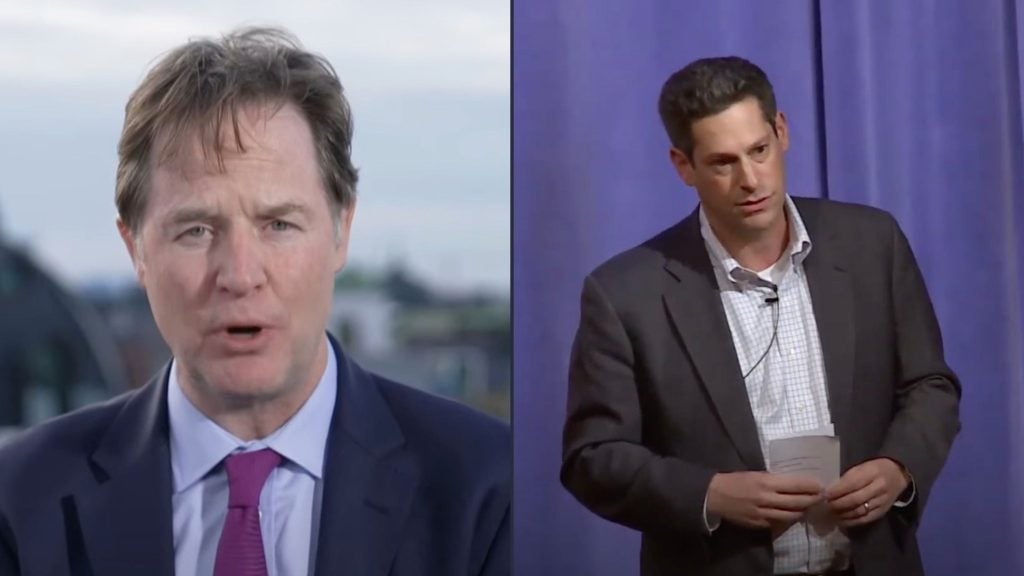 Clegg and Kaplan, each in a separate frame; the left man is speaking outdoors, and the right man is holding papers and speaking indoors.