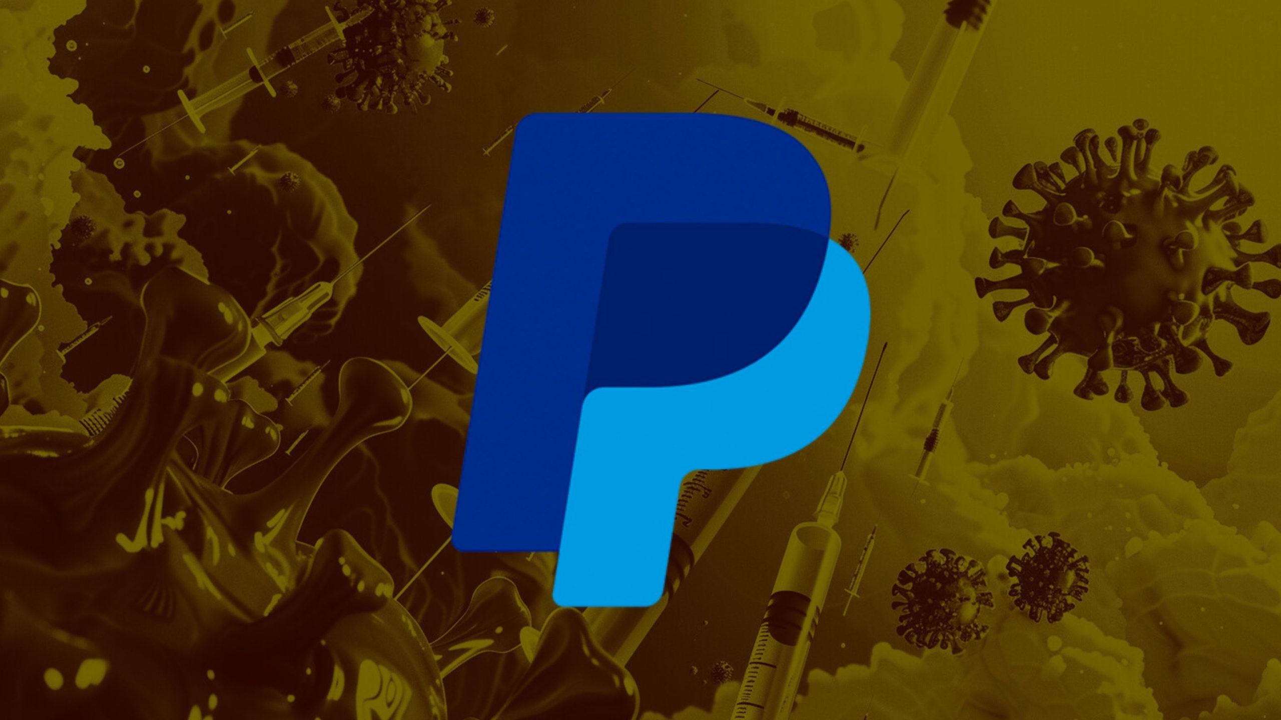 PayPal logo overlaid on a background of syringes and virus particles.