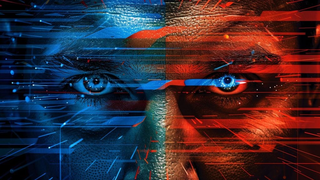 Split face with one side in blue and the other in red, overlaid with digital lines and patterns.