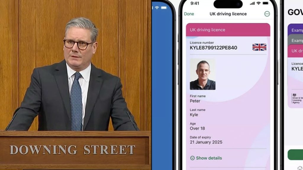 Starmer speaking at a podium labeled "Downing Street" next to a smartphone displaying a digital UK driving license with user details.