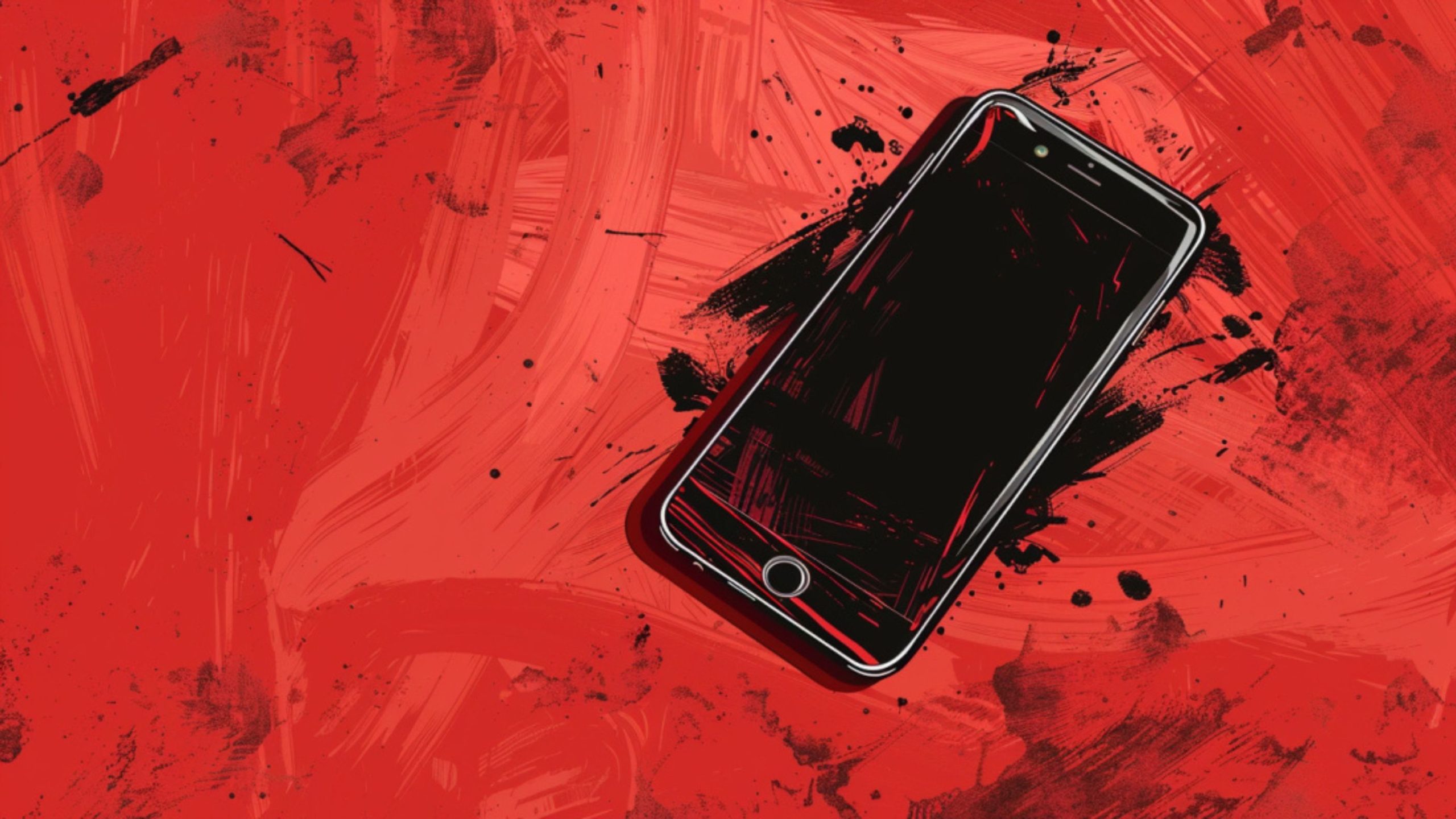 Smartphone against a red abstract painted background with black splashes.