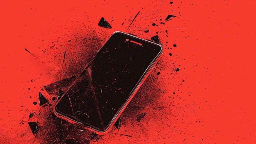 Smartphone on a vibrant red background with abstract black splatter and shard effects.