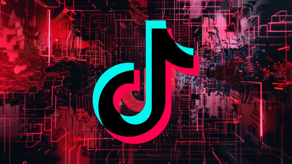 A large TikTok logo against a dark red and black digital abstract background.