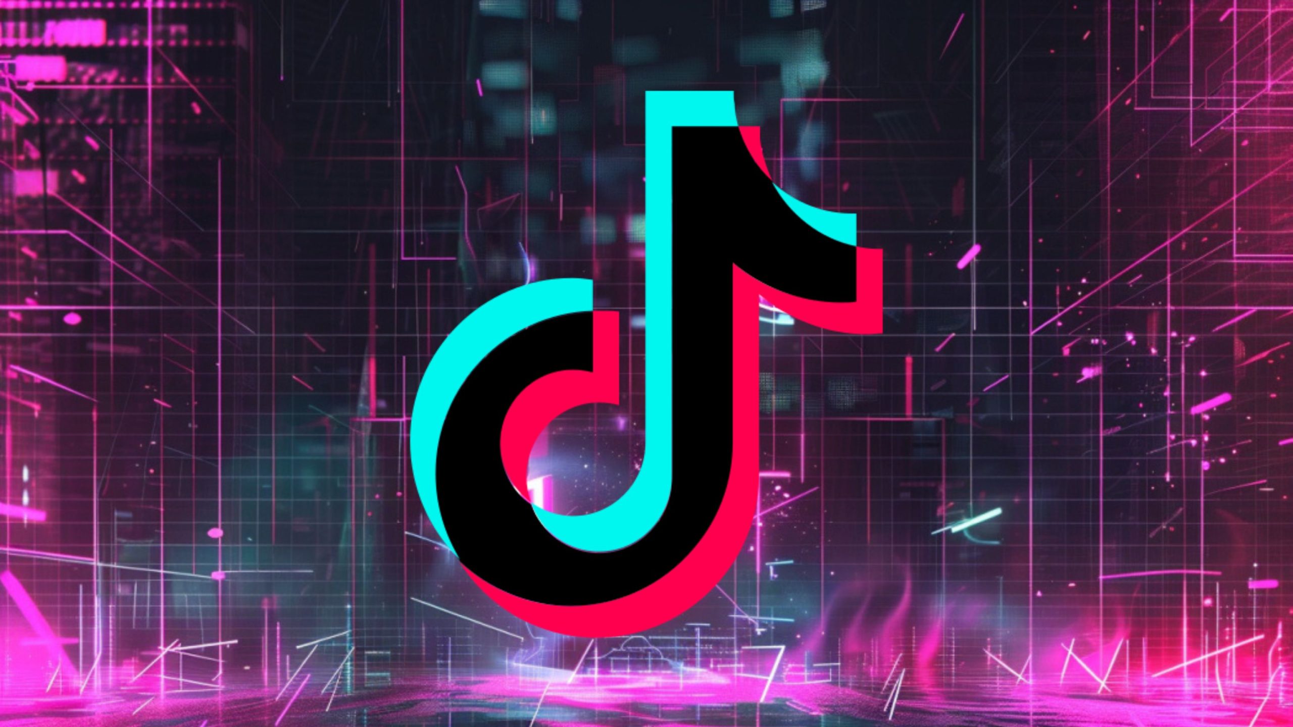 TikTok logo on a futuristic digital background with neon pink and blue accents.