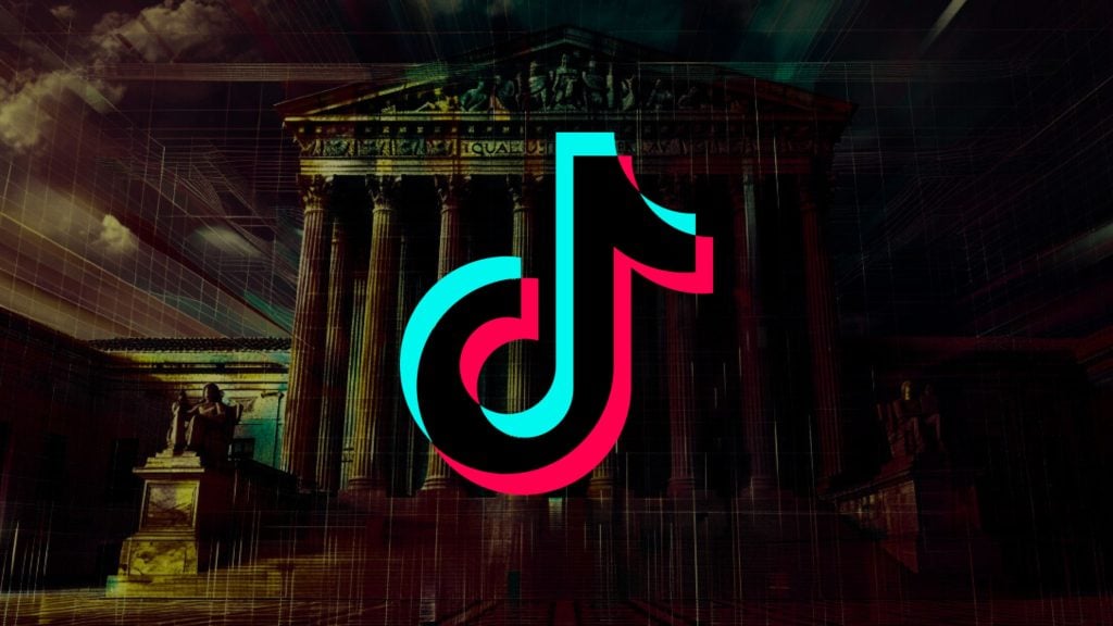 TikTok logo overlaid on a digital image of a classical building with columns.